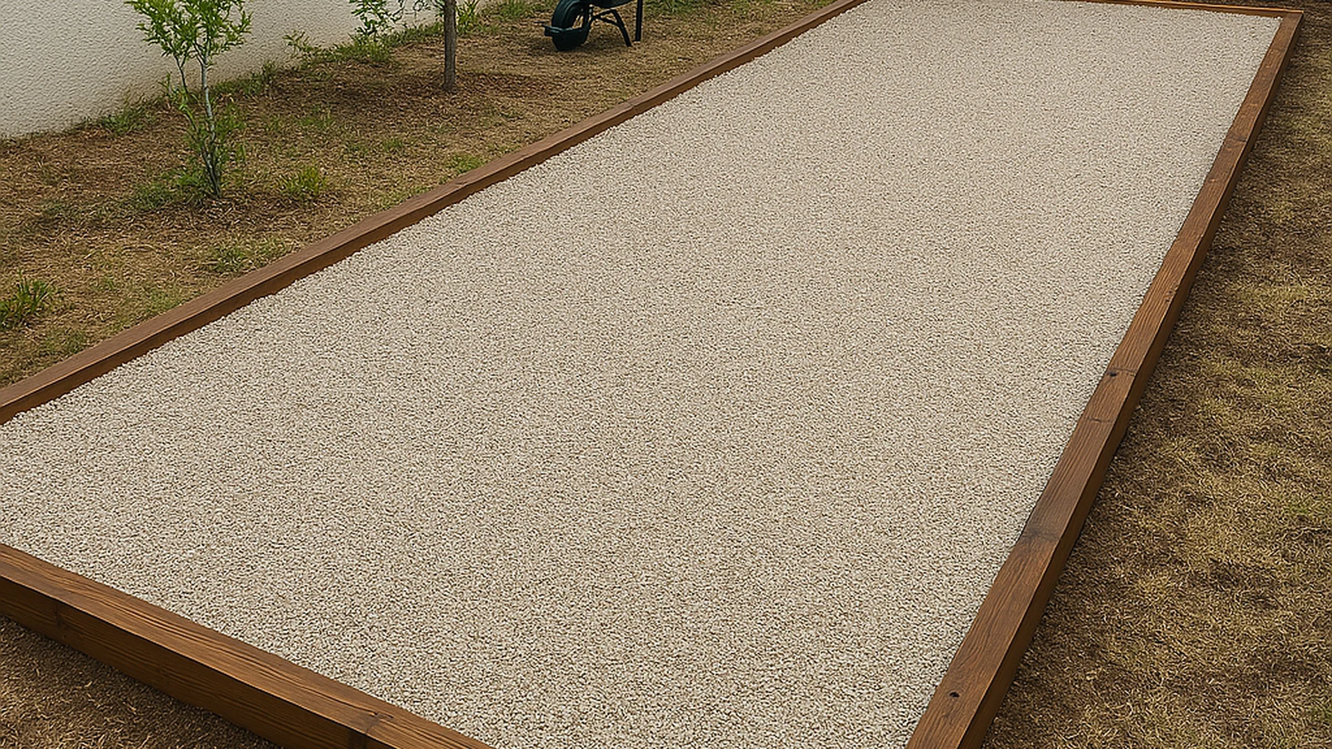 Création de terrain de pétanque à Saleilles avec terrassement, nivellement, bordures en bois et gravier stabilisé, aménagement de jardin extérieur pour espace de loisirs privé ou collectif, service sur mesure par artisan paysagiste dans les Pyrénées-Orientales : Saleilles, Cabestany, Saint-Cyprien, Canet-en-Roussillon, Théza, Alénya