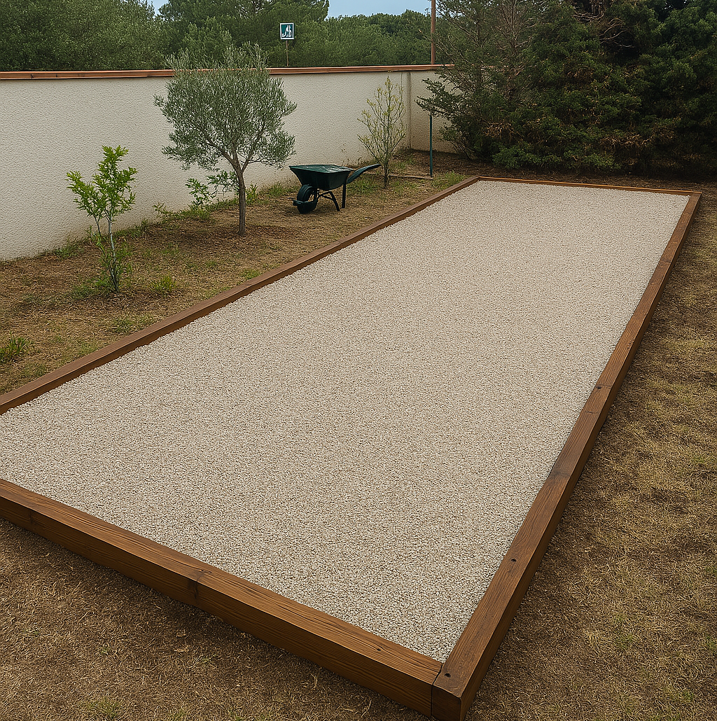 Création de terrain de pétanque à Saleilles avec terrassement, nivellement, bordures en bois et gravier stabilisé, aménagement de jardin extérieur pour espace de loisirs privé ou collectif, service sur mesure par artisan paysagiste dans les Pyrénées-Orientales : Saleilles, Cabestany, Saint-Cyprien, Canet-en-Roussillon, Théza, Alénya