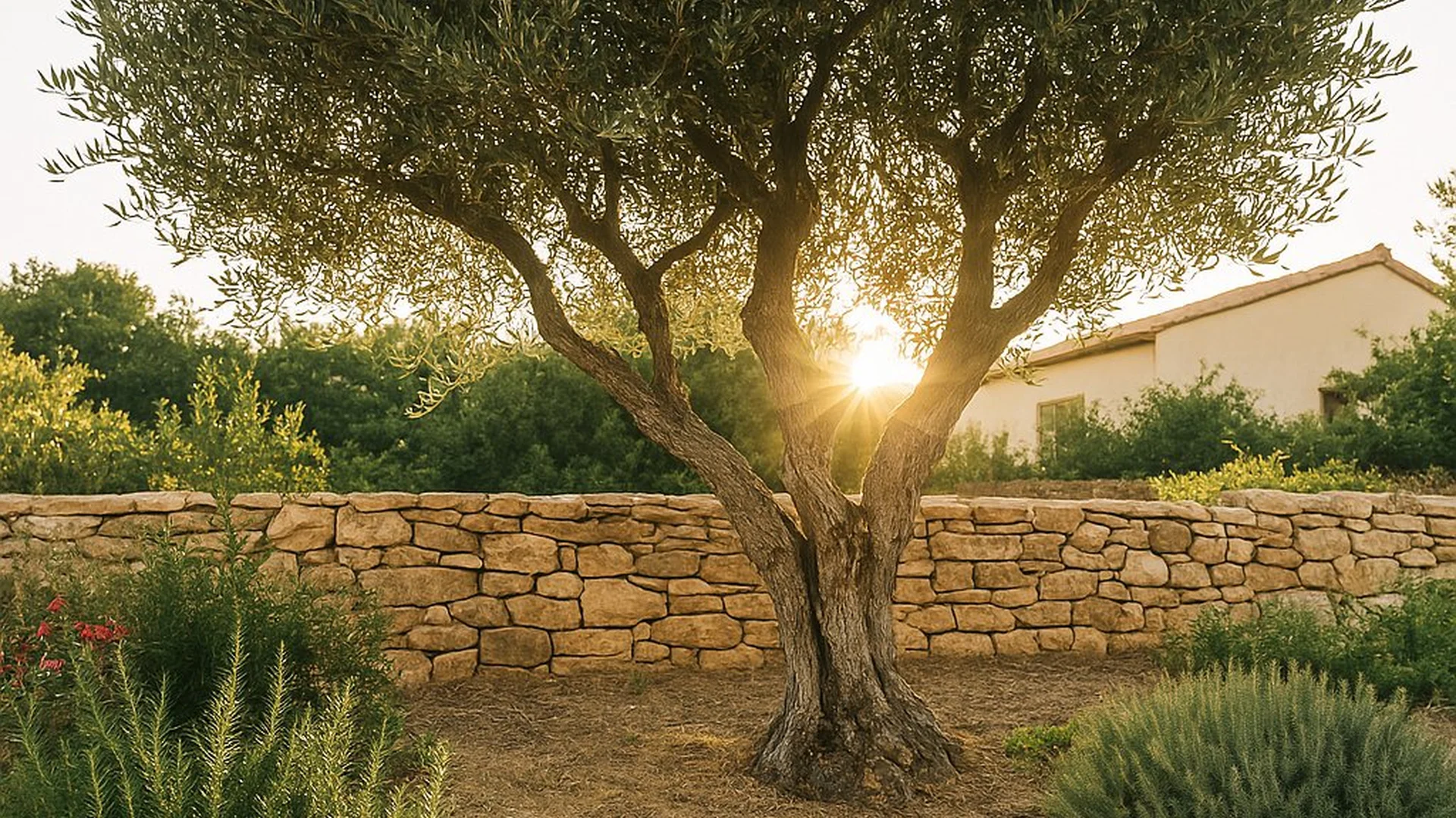 Muret en pierre naturelle avec olivier planté dans un jardin méditerranéen à Pia, aménagement paysager complet avec maçonnerie extérieure, plantation d’arbustes résistants à la sécheresse, création de massifs secs et décoration provençale par artisan paysagiste dans les Pyrénées-Orientales : Pia, Perpignan, Le Soler, Pollestres, Bages, Canet-en-Roussillon