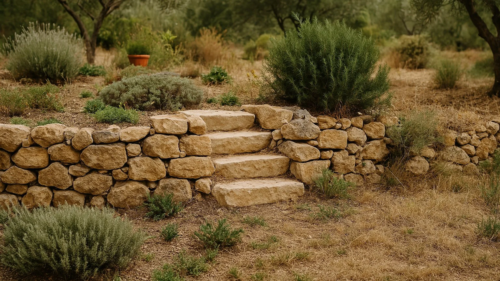 Escalier en pierre sèche réalisé à Pia près de Perpignan, maçonnerie paysagère pour accès sécurisé en jardin méditerranéen, aménagement sur terrain en pente avec intégration naturelle, travail sur mesure réalisé par artisan jardinier dans les Pyrénées-Orientales : Perpignan, Pia, Bompas, Le Soler, Canohès, Villeneuve-de-la-Raho, Cabestany