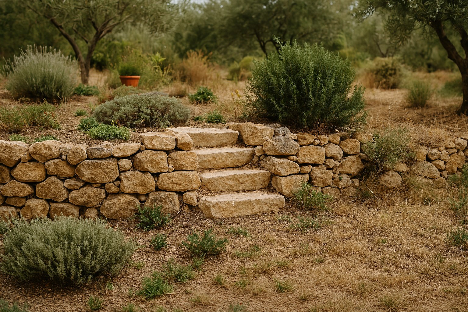 Escalier en pierre naturelle de style provençal construit à Pia dans les Pyrénées-Orientales, illustration du savoir-faire en petite maçonnerie paysagère, création de restanque, bordures de jardin, murets en pierre sèche et aménagement extérieur pour particuliers à Perpignan, Thuir, Elne, Canet-en-Roussillon, Le Soler, Saleilles et les communes rurales du Roussillon